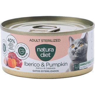 NATURA DIET Comida húmeda para gatos adultos esterilizados paté cerdo ibérico y calabaza lata 85 g