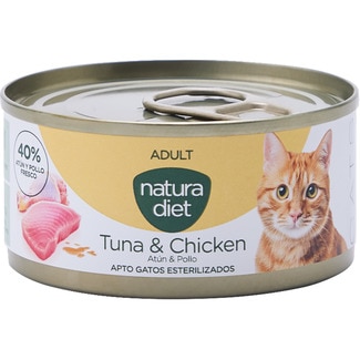 NATURA DIET comida húmeda para gatos adultos paté atún y pollo lata 85 g