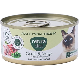 NATURA DIET comida húmeda para gatos adultos esterilizados hipoalergénico paté codorniz y verduras lata 85 g