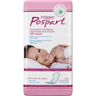 INDASEC Posparto compresas tocológicas especificas para el parto 100% algodón bolsa 12 unidades