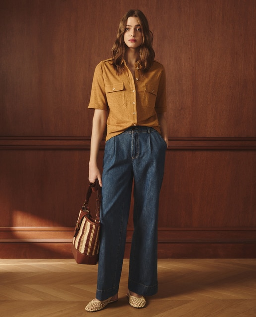 Lloyd's - Camiseta de mujer 100% lino con bolsillo en el pecho.