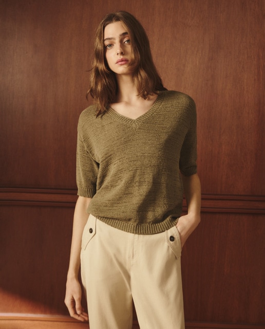 Lloyd's - Jersey de mujer con manga corta y cuello pico.