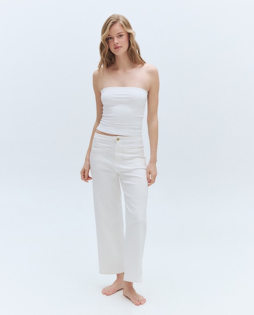 Easy Wear - Pantalón denim de mujer crop culotte con bolsillos en delantero.