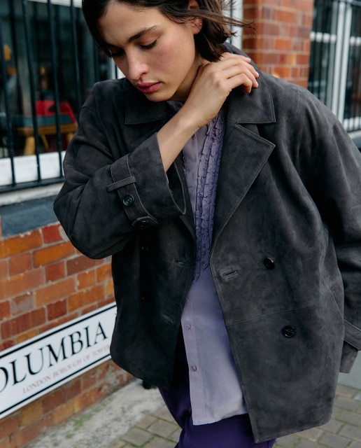 Couchel - Chaqueta de mujer de piel de ante cruzada.