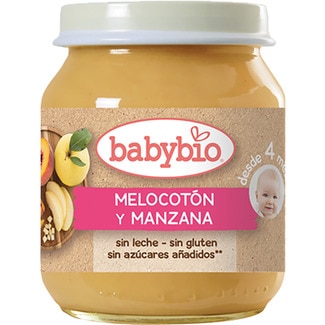 BABYBIO tarrito de melocotón y manzana ecológico sin leche sin gluten desde 4 meses envase 130 g