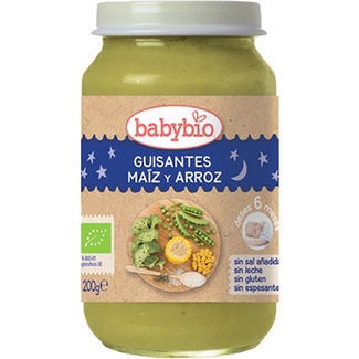 BABYBIO tarrito de guisantes, maíz y arroz ecológico sin sal sin gluten sin leche sin espesante envase 200 g desde 6 meses