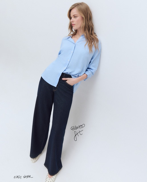 Easy Wear - Pantalón denim de mujer palazzo con tiro alto y costuras desplazadas.