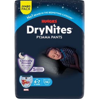 HUGGIES DRY NITES Saugfähige Nachtunterhosen für Jungs 4-7 Jahre 17-30 kg Tasche 16 Einheiten