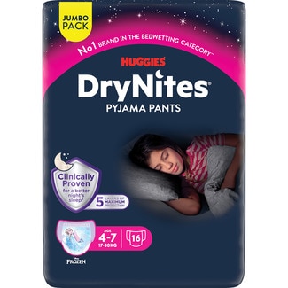HUGGIES DRY NITES braguitas de noche absorbentes para niñas 4-7 años 17-30 kg bolsa 16 unidades