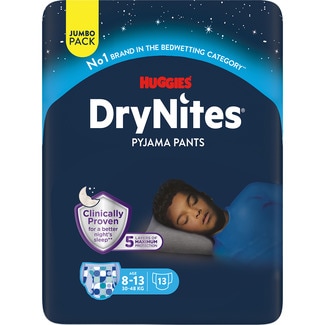 HUGGIES DRY NITES Teen calzoncillos de noche absorbentes para niños 8-13 años 30-48 kg talla grande bolsa 13 unidades