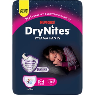 HUGGIES DRY NITES braguitas de noche absorbentes para niñas 3-4 años 12-21 kg bolsa 16 unidades