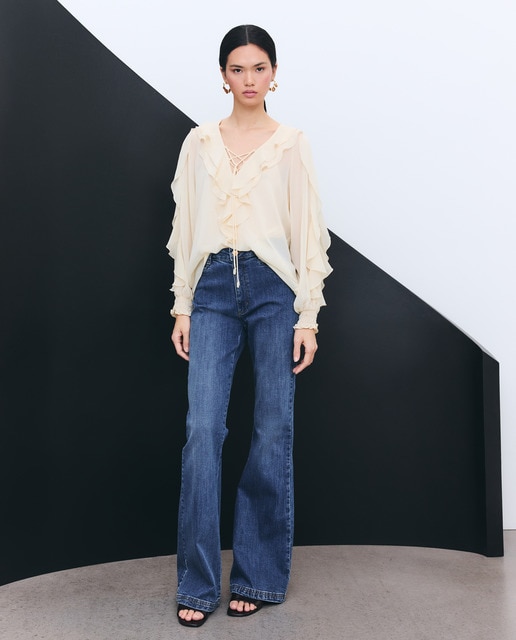 Tintoretto - Pantalón denim de mujer flare tiro medio.