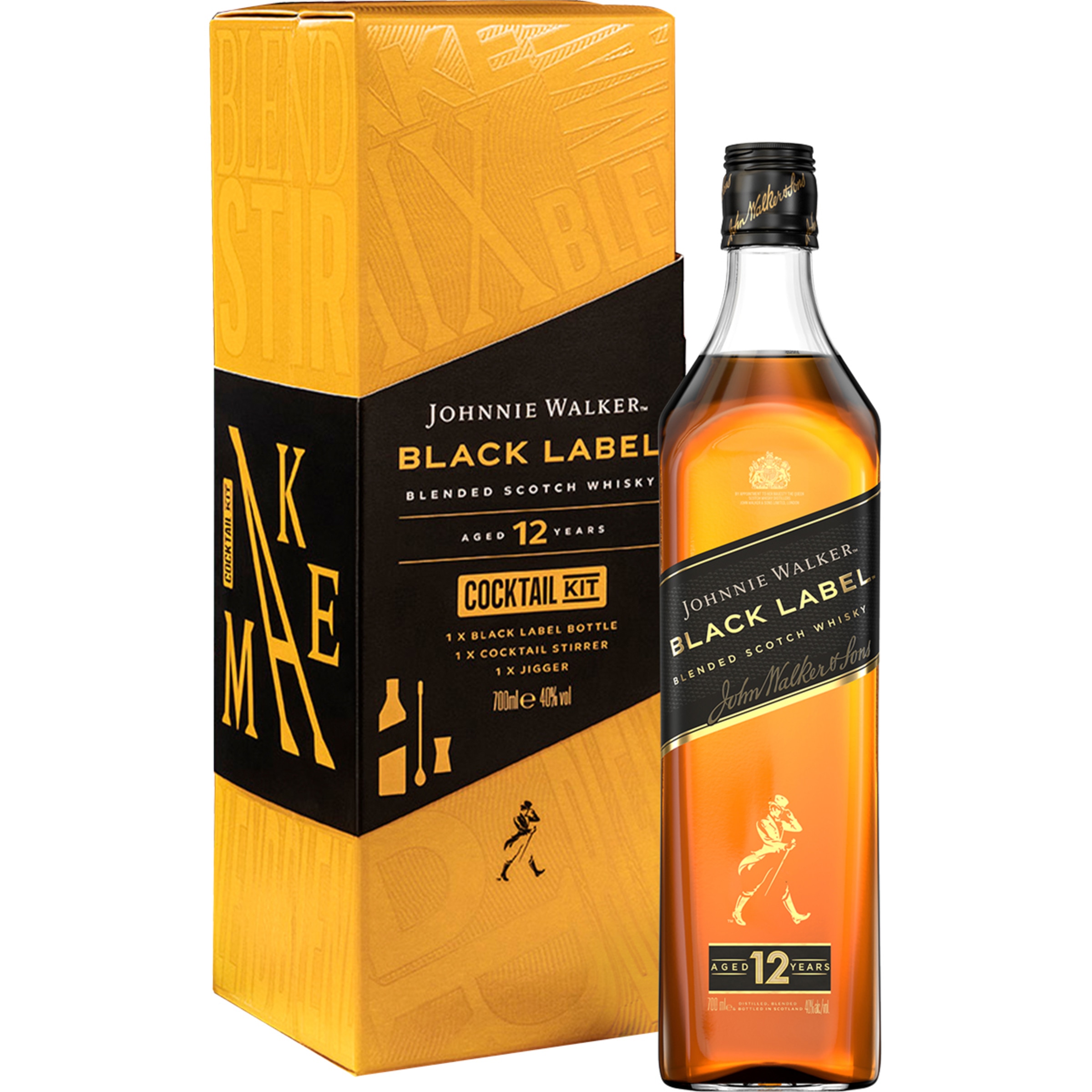 BLACK LABEL whisky blended escocés 12 años + kit para cocktail