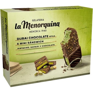 MENORQUINA helado mini sándwich estilo Dubai con pistacho, kataifi y chocolate 6 unidades Karton 510 ml