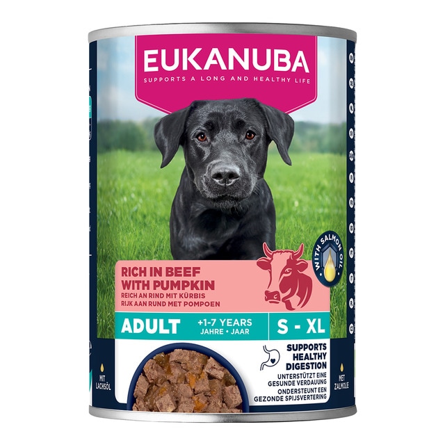 Eukanuba – Comida húmeda para perros adultos Eukanuba ternera con calabaza 400 g.