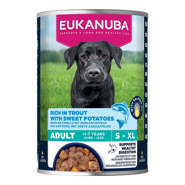 Eukanuba – Comida húmeda para perros adultos Eukanuba trucha con batata 400 g.