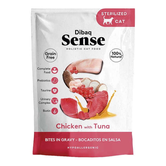 Dibaq Sense – Comida húmeda para para gatos adultos esterilizados Dibaq Sense bocaditos en salsa pollo con atún 100 g.