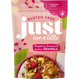 JUST granola de frambuesa, coco y anacardos sin gluten bolsa 360 g