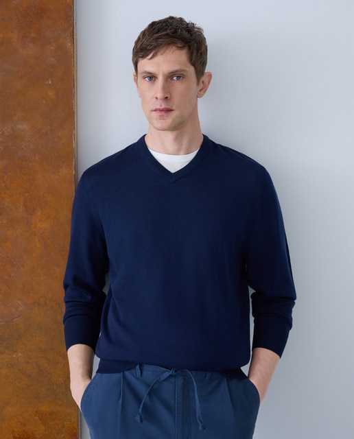 Emidio Tucci - Jersey de hombre cuello pico liso 100% lana merino.