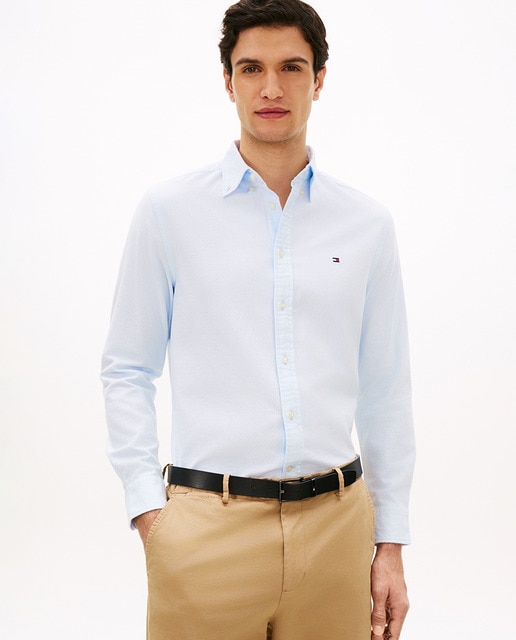 Tommy Hilfiger - Camisa de caballero de manga larga tipo Dobby lisa.