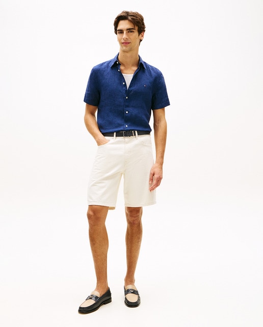 Tommy Hilfiger - Camisa de caballero de manga corta lisa de lino.