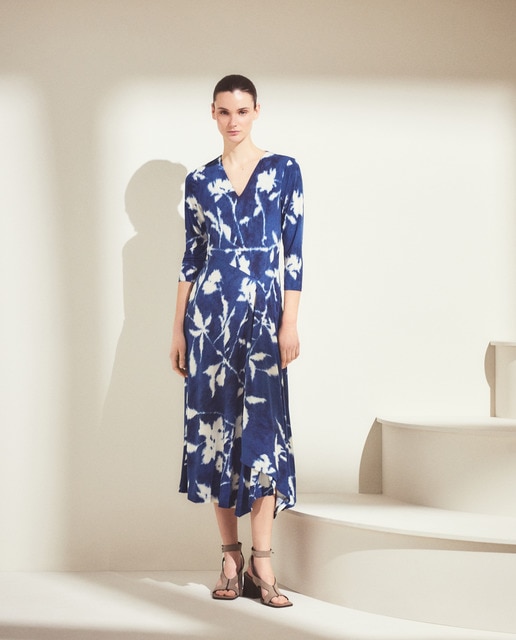 Woman El Corte Inglés - Vestido ITY estampado con cuello pico y manga larga de mujer.