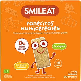 SMILEAT panecitos multicereales ecológicos con plátano y calabaza desde 8 meses envase 60 g y sin azúcares añadidos