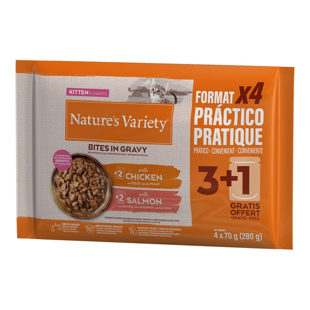 Nature's Variety - Comida húmeda para gatitos Nature's Variety bocaditos en salsa pollo y salmón 4 x 70 g