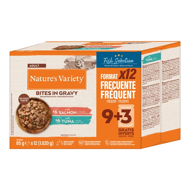 Nature's Variety - Comida húmeda para gatos adultos Nature's Variety bocaditos en salsa salmón y atún 12 x 85…
