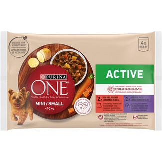 PURINA ONE Mini Active comida húmeda para perros tamaño mini con buey zanahorias y patatas 2 sobres 85 g con pato pasta y judías verdes 2 sobres 100 g