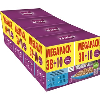 WHISKAS comida húmeda en gelatina para gatos con salmón pack 38 envases 80 g + 10 gratis