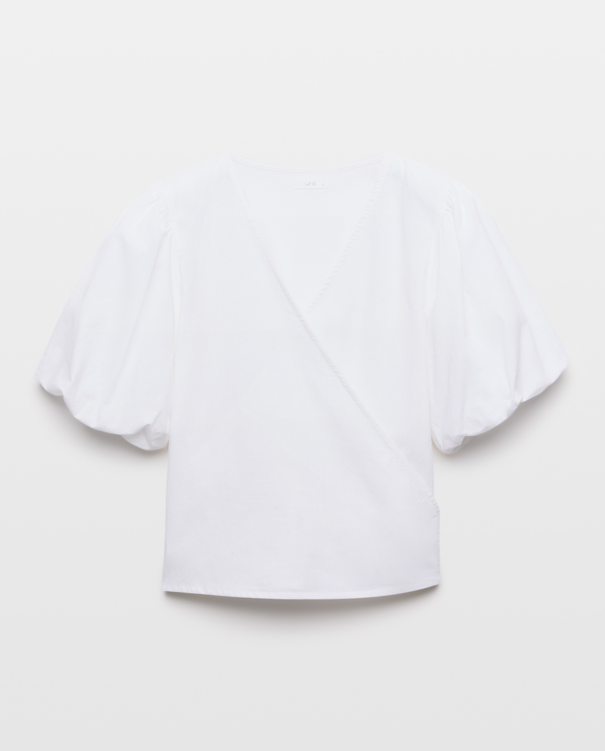 Blusa de mujer cruzada con manga abullonada Blanco-4