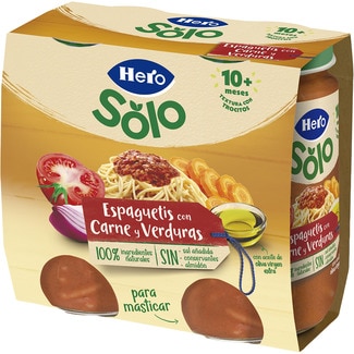 HERO SOLO tarritos de espagueti con carne y verduras para masticar desde 10 meses pack 2 envases 235 g