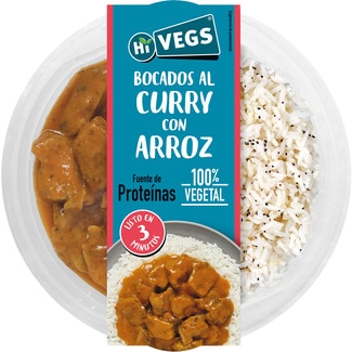 HI VEGS bocados al curry con arroz 100% vegetal alto nivel de proteína bandeja 250 g