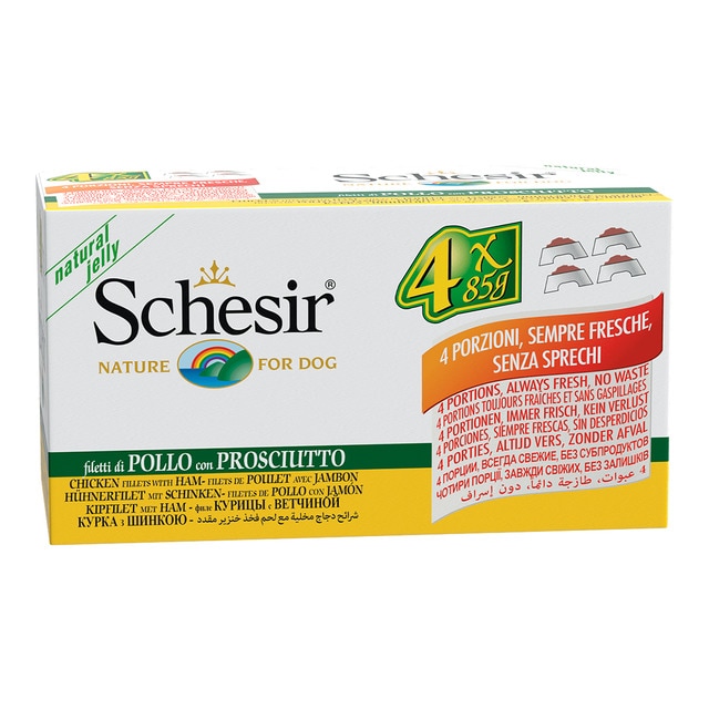 Schesir - Comida húmeda para perros adultos minis Schesir gelatina pollo con jamón 4 x 85 g.