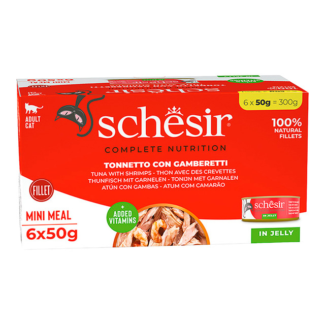 Schesir – Comida húmeda para gatos adultos Schesir atún con gambas 6 x 50 g. 300 g