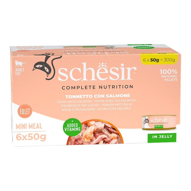 Schesir – Comida húmeda para gatos adultos Schesir atún con salmón 6 x 50 g. 300 g