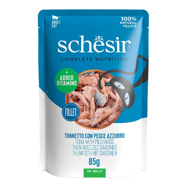 Schesir – Comida húmeda para gatos adultos Schesir atún y caballa 85 g.