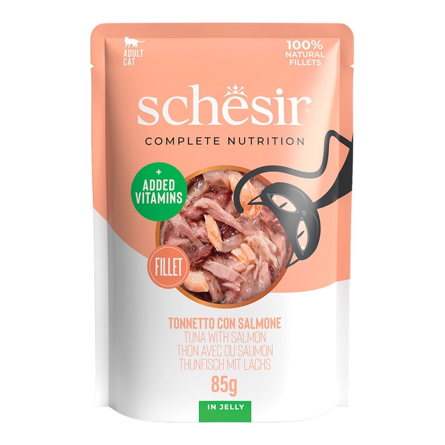 Schesir – Comida húmeda para gatos adultos Schesir atún con salmón 85 g.