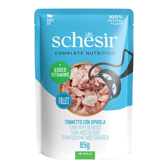Schesir – Comida húmeda para gatos adultos Schesir atún con lubina 85 g.