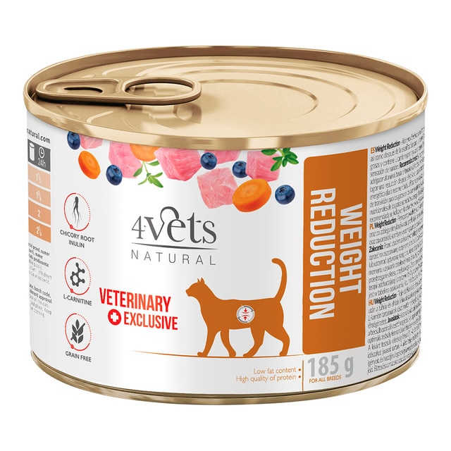 4Vets – Comida húmeda para gatos adultos 4Vets Natural Weight Reduction Dietas veterinarias pavo y conejo 185 g.