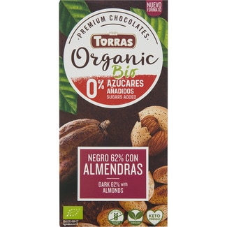 TORRAS chocolate negro ecológico 62% cacao con almendras sin gluten 0% azúcares añadidos tableta 100 g