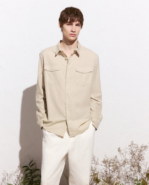 Green Coast - Camisa lisa de lino de hombre utility.