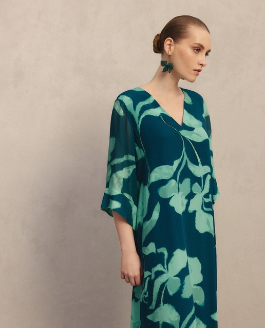 Woman Fiesta El Corte Inglés - Vestido largo caftán estampado seda de mujer.