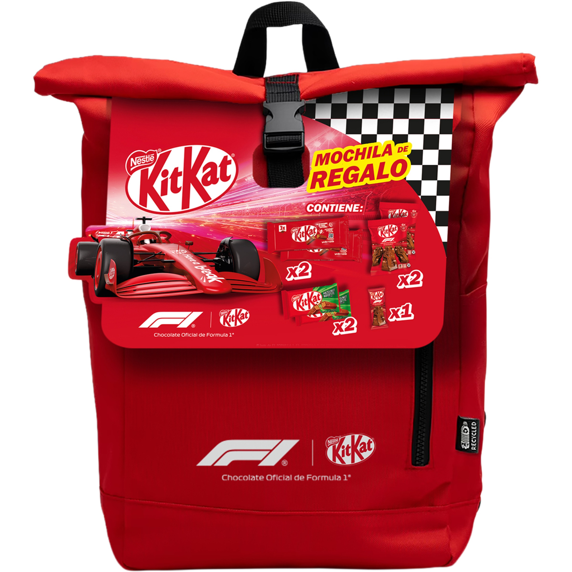 lote de chocolatinas en mochila de Fórmula 1