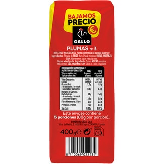 Macarrones plumas N.3 paquete 400 g - Gallo