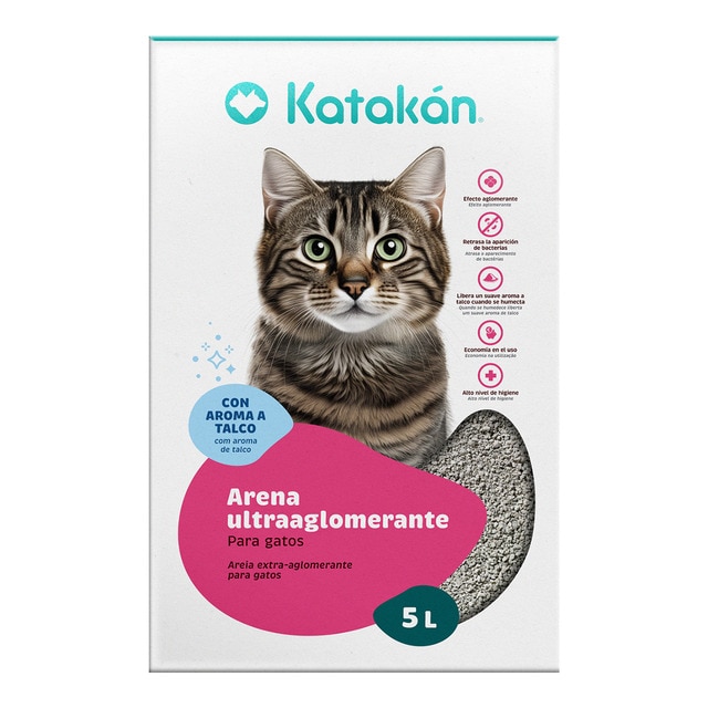 Katakán – Arena ultra aglomerante Katakán para gatos perfume talco. Gris 5 L