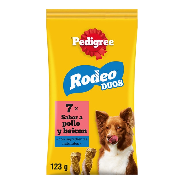 Pedigree Rodeo – Snack para perros adultos Pedigree Rodeo dúo pollo y bacon 123 g. Talla 7 sticks