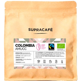 SUPRACAFE café en grano Colombia AMUCC ecológico de tueste natural envase 250 g de comercio justo y proceso artesanal