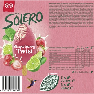 Helado  Strawberry Twist de vainilla con sorbete de fresa y lima 3 unidades estuche 270 ml - Solero